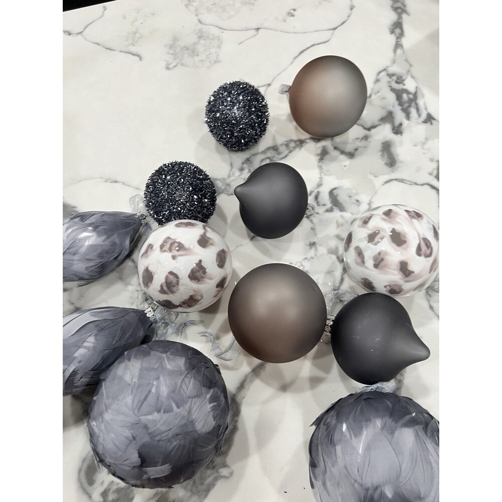 12 Frontgate Ornaments Hand blown glass christmas ornaments gray large fur 5"